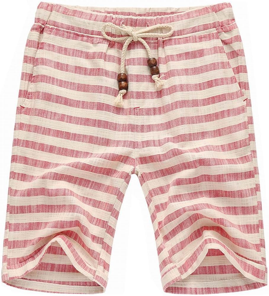 Men’s Summer Casual Linen Drawstring Striped Beach Shorts