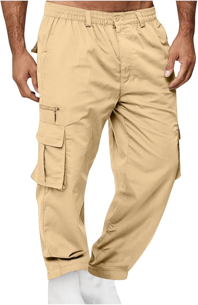 Plus Size Button Up Closure Elastic Waist Cargo Pants Mens Cargo Pants Zipper Decorate Multi-Pocket Cropped Trousers