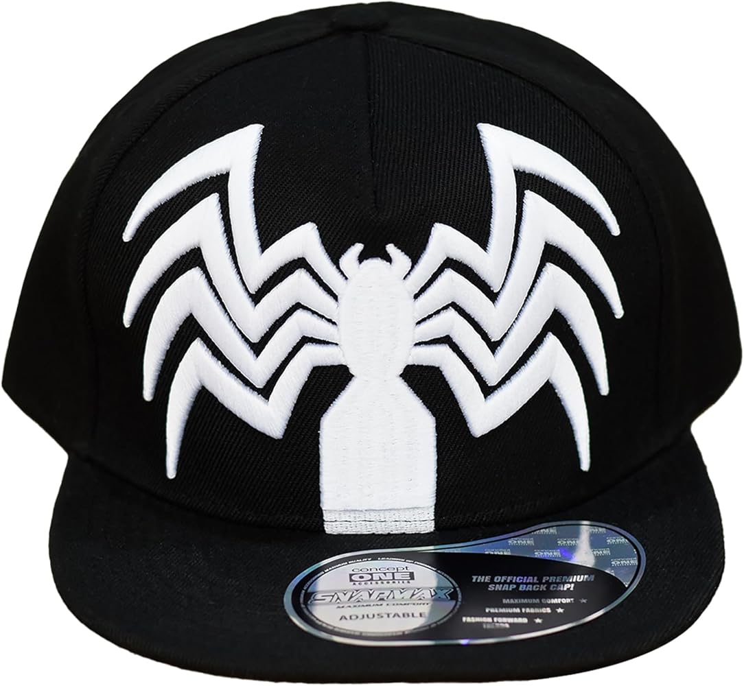 Marvel Venom Baseball Cap, Spider Symbiote Logo Cotton Adjustable Adult Snapback Hat with Flat Brim, Black, One Size