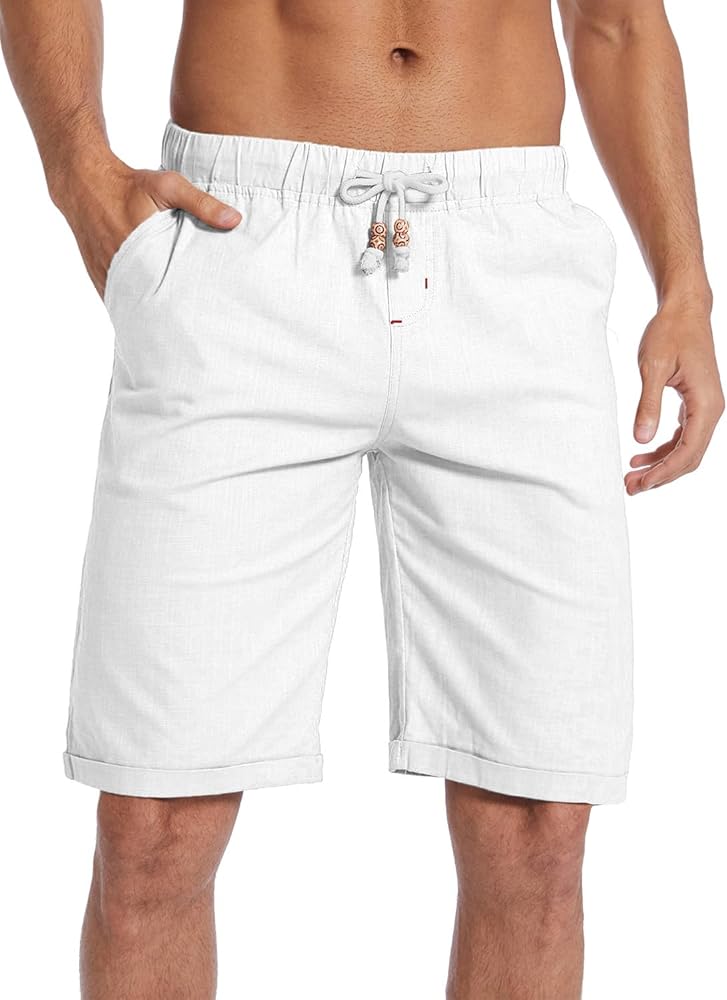 Men's Linen Shorts Casual Classic Drawstring Summer Beach Shorts with Pockets