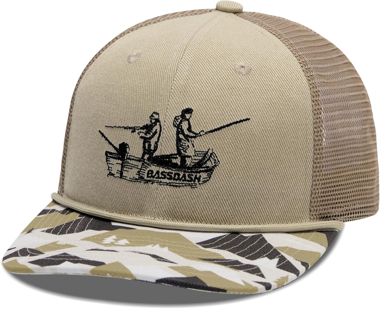 BASSDASH Camo Rope Trucker Hat Adjustable Embroidered Baseball Cap Mesh Back for Duck Deer Hunting Fly Fishing Camping