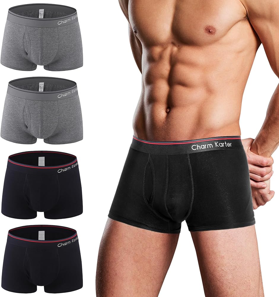 Mens Cotton Trunks Underwear - Men Trunk With Fly For Breathable 4 Pack