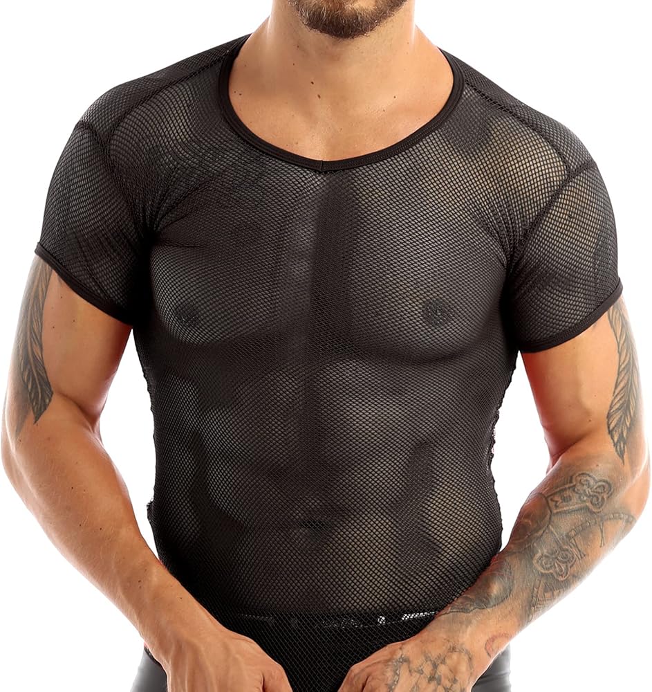 iiniim Men's Fitted Short Sleeve Muscle Top T-Shirt Workout See Thru Undershirt Grid Mesh Fishnet Clubwear