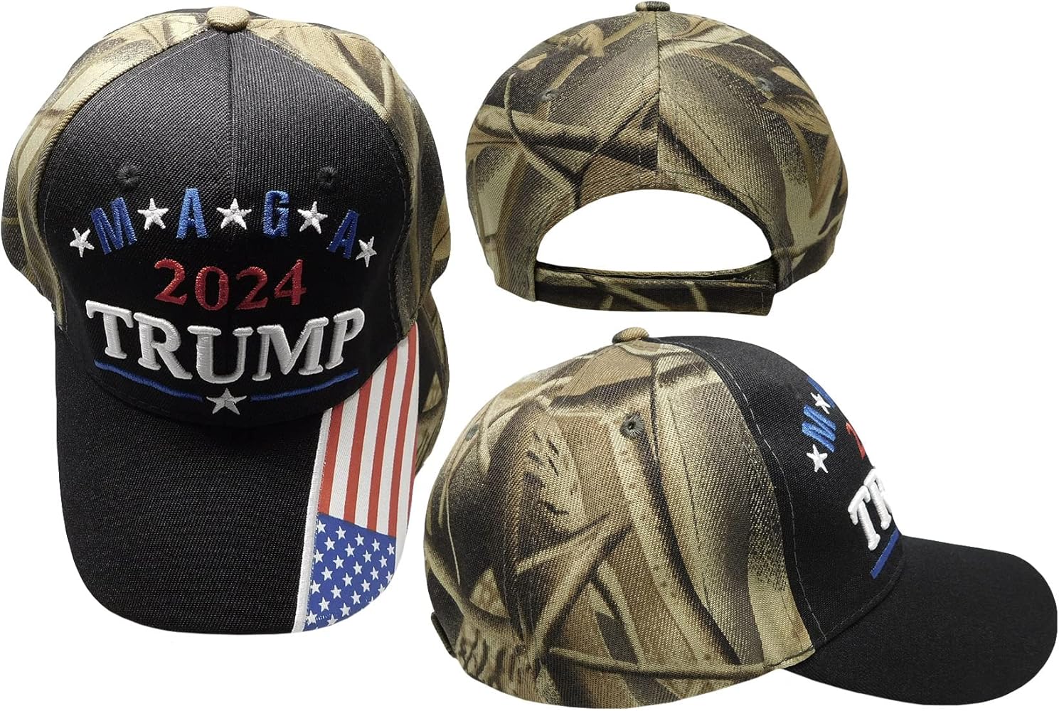 MAGA 2024 Trump Black Front Real Tree Camouflage Camo Back USA Flag On Bill Acrylic Adjustable Embroidered Cap Hat