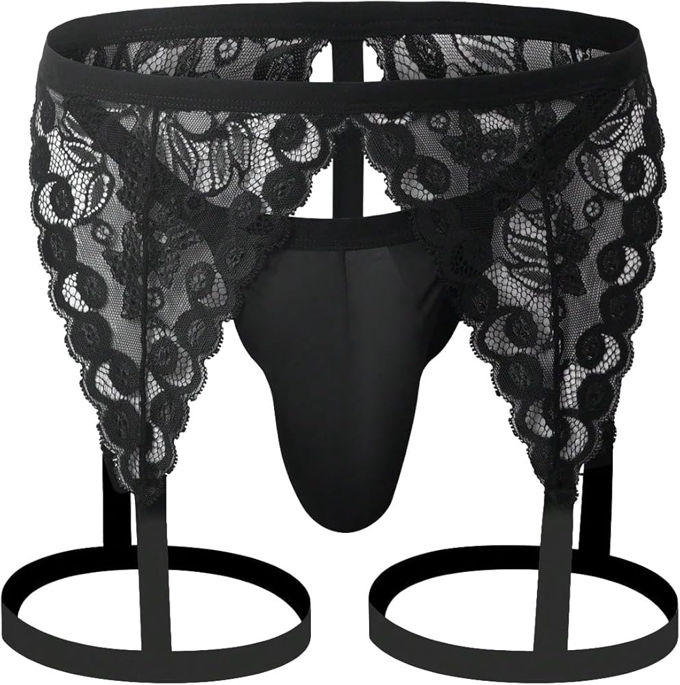 OYOANGLE Men's Floral Lace Contrast Mesh Cut Out Briefs Underwear See Through Garter Thong Panty