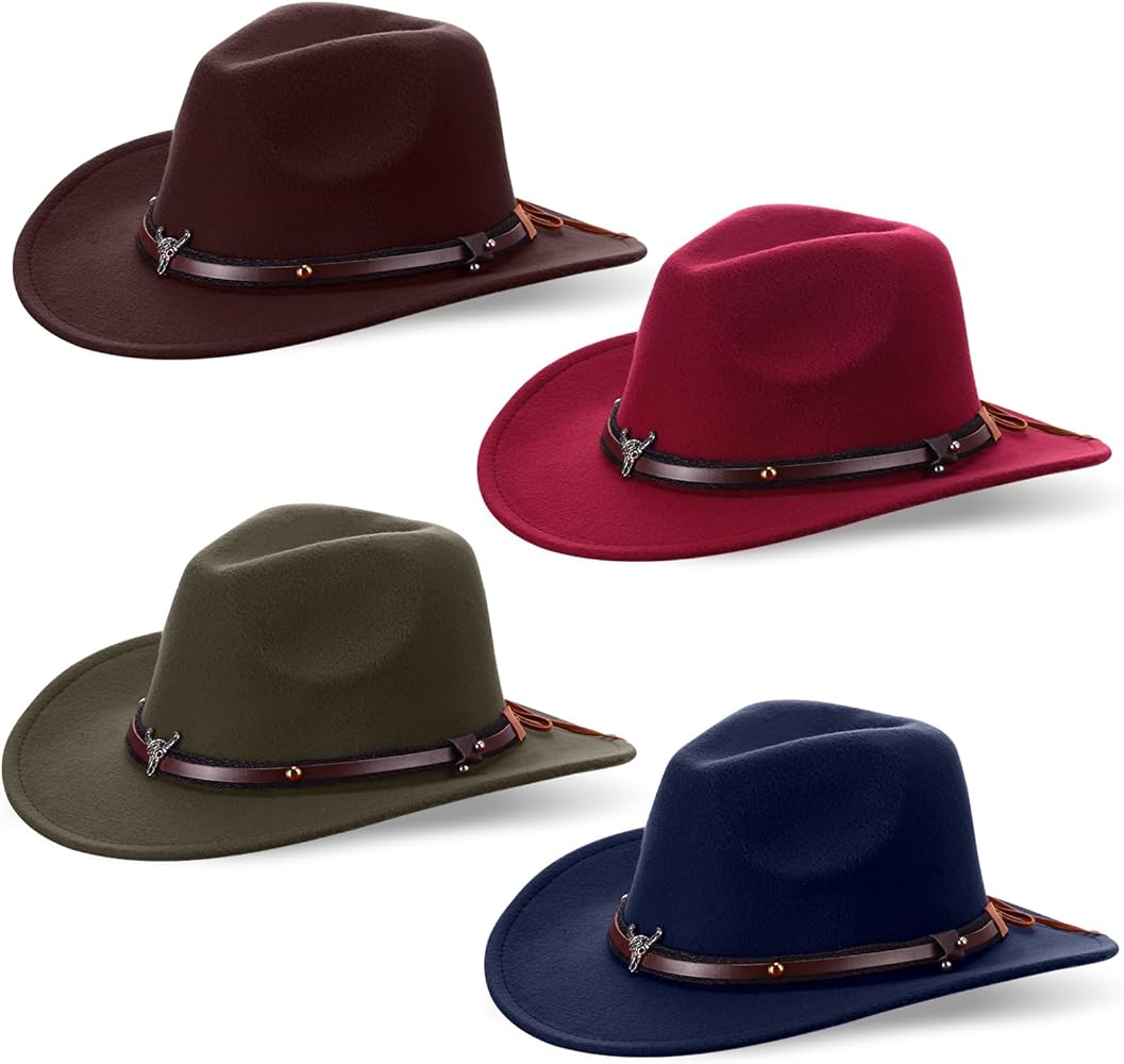 Foaincore 4 Pcs Unisex Western Cowboy Hat American Faux Fur Felt Hats Outback Wide Brim Felt Travel Cap for Men Women