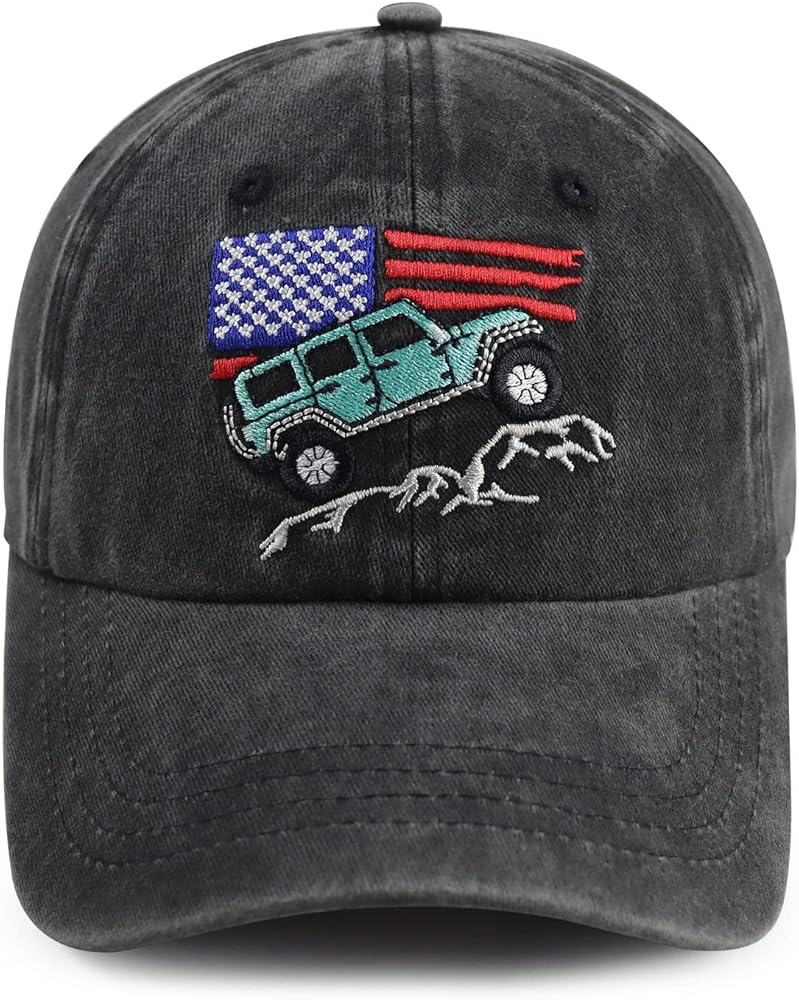 American Flag Car Hat for Men, Funny Adjustable Washed Cotton Embroidered USA Mountain Offroad Cars Hat