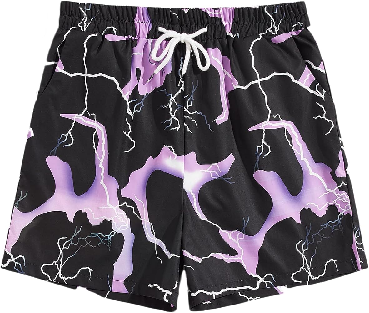 WDIRARA Men's Lightning Graphic Print Drawstring Casual Summer Beach Shorts