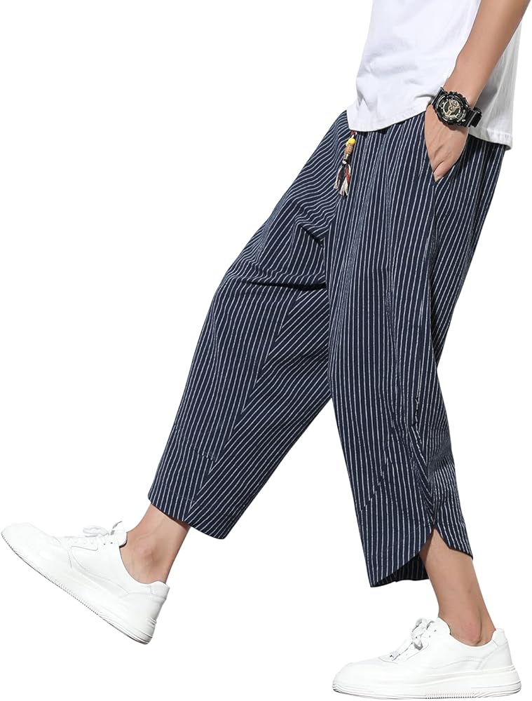 chouyatou Men's Ethnic Stylish Drawstring Elastic Waist Loose Fit Baggy Stripe Linen Harem Beach Pants