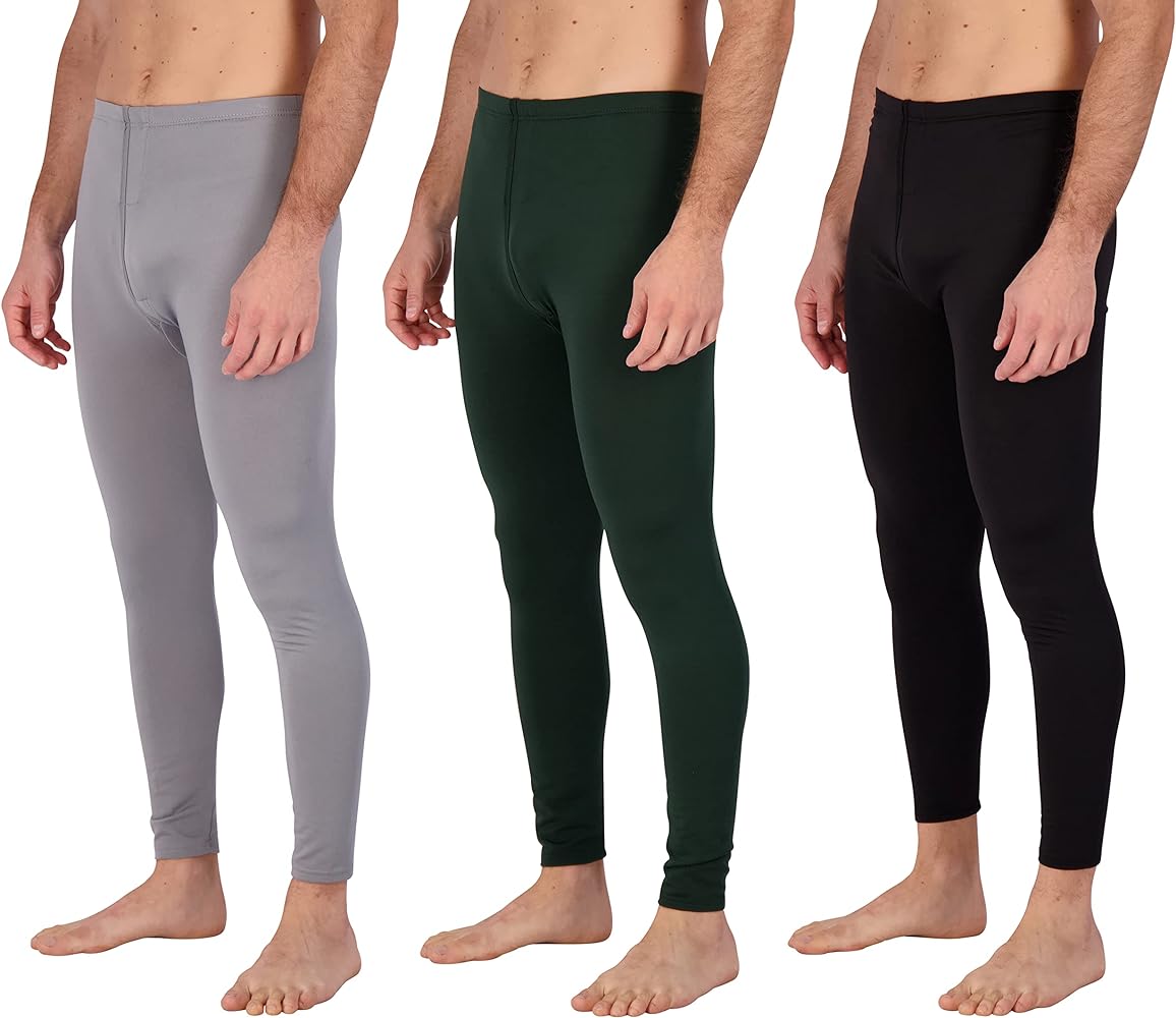 Real Essentials 3 Pack: Men's Thermal Underwear Base Layer Fleece Lined Pants with Fly - Long John Bottom(Big & Tall)