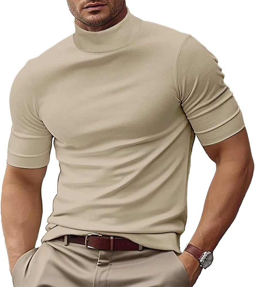 Men's Fashion Shirts Short Sleeve Mock Turtleneck T-Shirts Casual Undershirt Tops