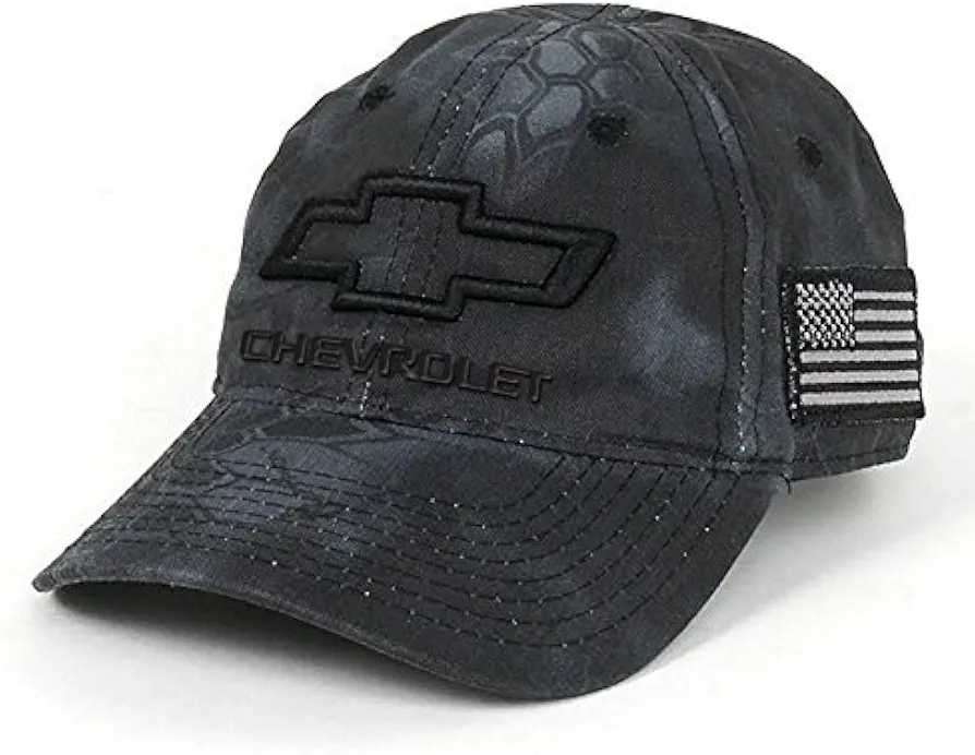 Chevrolet 3D Bowtie Tactical Camo Cap with USA Embroidered Flag Hat (Black)