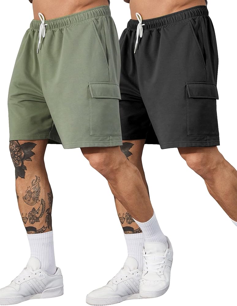 Verdusa Men's 2 Pack Drawstring Elastic Waist Cargo Shorts with Pockets