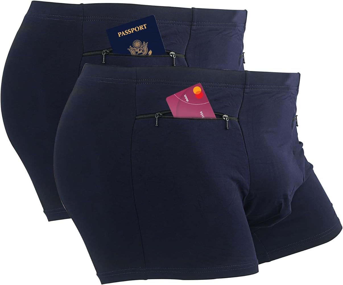 Pocket Underwear for Men with Secret Hidden Pocket, Travel Boxer Briefs, 2 Packs (Dark Blue)