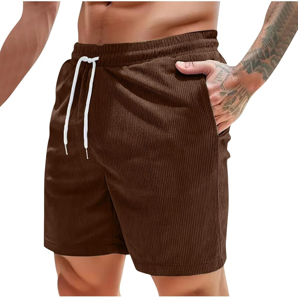 Men's Corduroy Shorts Loose Casual Elastic High Waist Drawstring Lightweight Comfy Summer Beach Shorts with Pockets