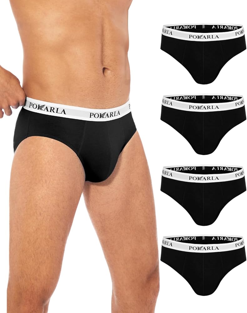 POKARLA Men's Triangle Briefs 4 Pairs, Men's Cotton Briefs, Breathable and Sweat Absorbent (S-3XL)