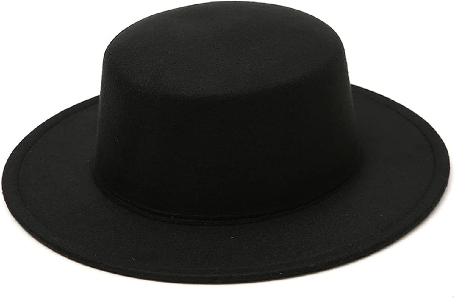 Fashion Wool Blend Fedora Hat Wide Brim Church Flat Top Derby Cap for Men Women Black