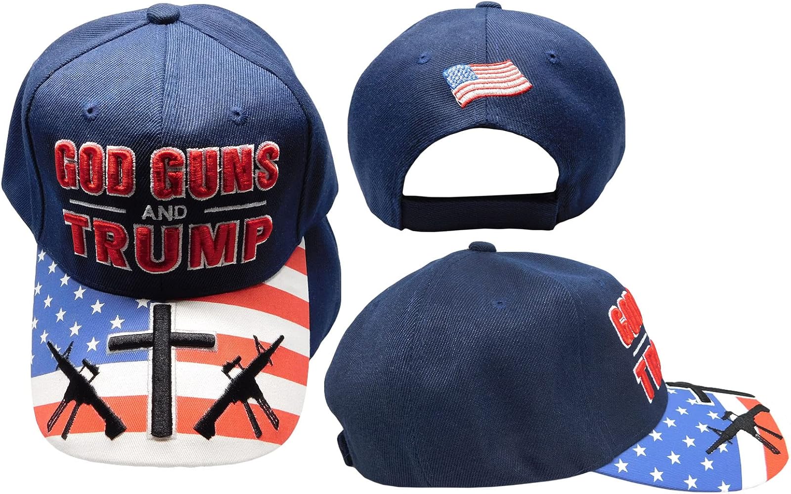 God Guns and Trump USA Flag Bill Rifles Cross Navy Blue Polyester Adjustable Embroidered Baseball Ball Cap Hat