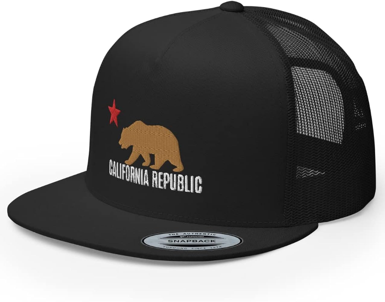 California Republic State Flag Embroidered High Crown Flat Bill Trucker Hat Bear and Star Snapback Mesh Baseball Cap2