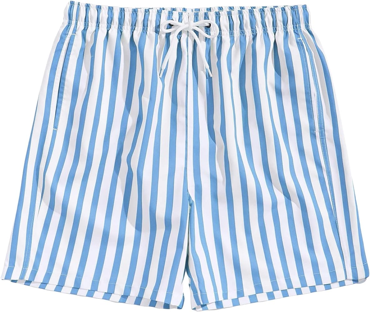 SHENHE Men's Striped Geo Print Elastic Waist Drawstring Lounge Track Shorts with Pockets Blue Striped M