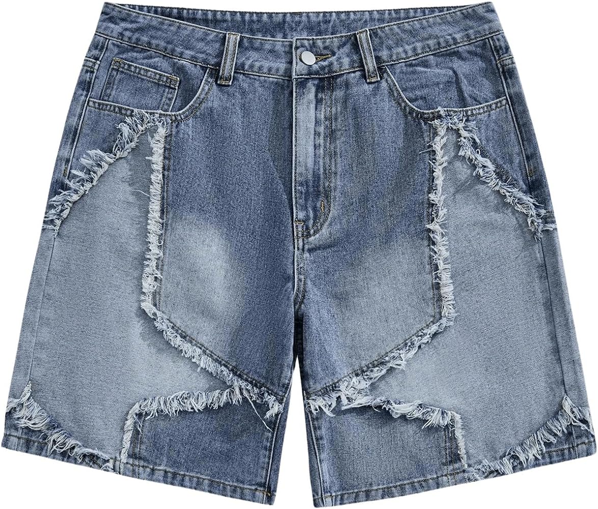 Floerns Men's Frayed Hem Star Pattern Wide Leg Denim Shorts with Pocket