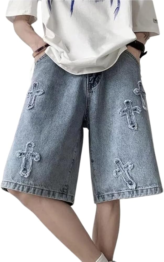 Dcepem Y2k Jeans Mens Aesthetic Baggy Hip Hop Star Shorts Y2K Denim Loose Harajuku Y2k Fashion Streetwear