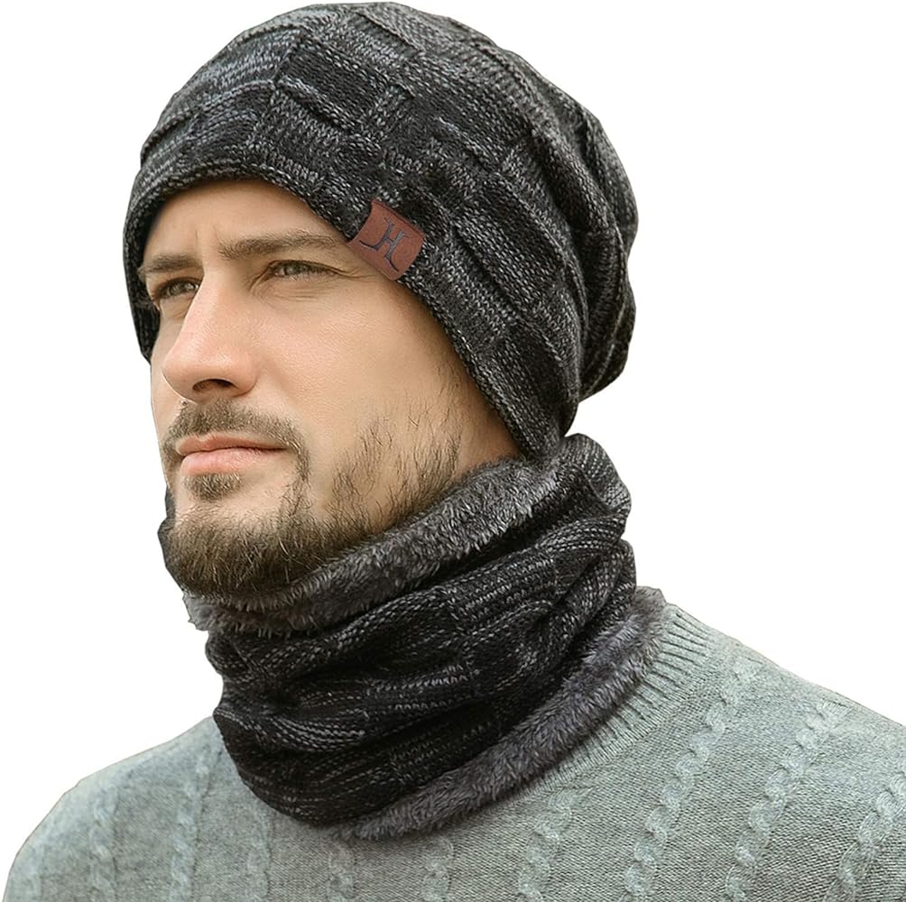 Mens Winter Beanie Hats Scarf Set Warm Knit Hats Skull Cap Neck Warmer with Thick Fleece Lined Winter Hat & Scarf for Women