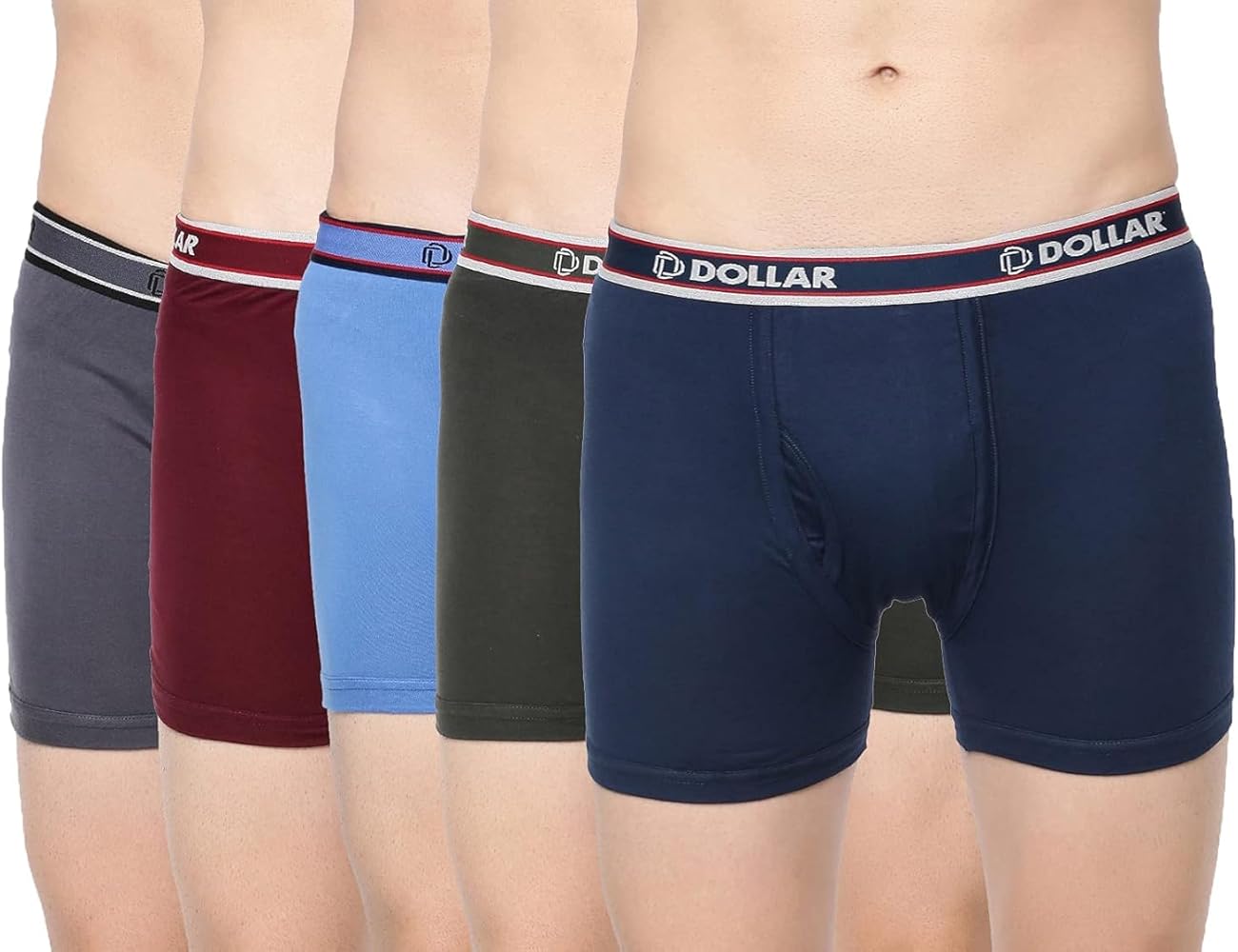 Dollar Men's Assorted Solid Combed Cotton Classy Long Trunk with Fly Front Access underwear (Colour May Vary) (Pack of 5)