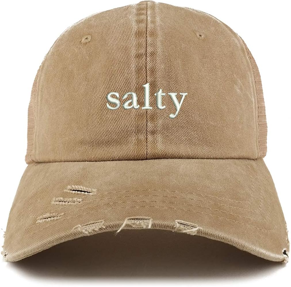 Trendy Apparel Shop Salty Embroidered Washed Front Mesh Back Frayed Bill Cap