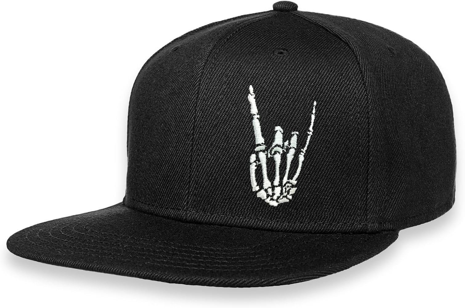 Embroidered Baseball Hats for Men Funny Rocking Skeleton Fingers Mens Snapback Hats Black Flat Bill Skull Hat Cool Skateboard Hats for Boys Youth Snap Back Cap