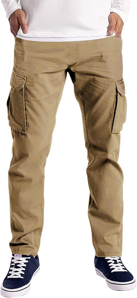 THWEI Mens Casual Cargo Pants Cotton Jogger Sweatpants Elastic Waist Trousers