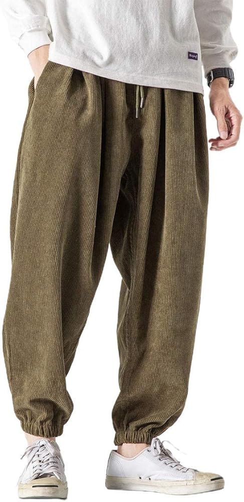 ebossy Men's Loose Fit Elastic Waist Hippie Baggy Corduroy Jogger Harem Pants