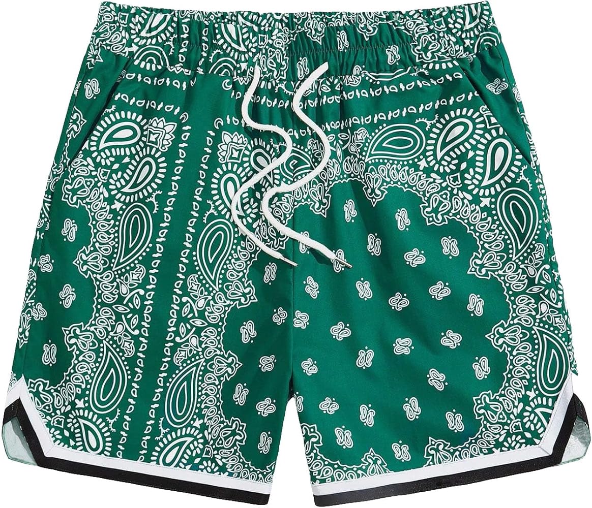 SHENHE Men's Drawstring Waist Paisley Print Summer Hawaiian Vacation Casual Shorts Green Large