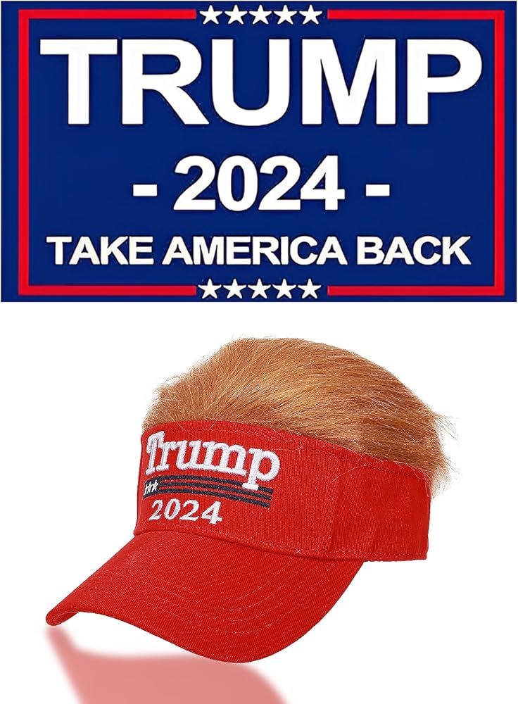 Trump Hat 2024 Trump Merchandise with Trump Flag Make America Great Again Hat MAGA Hat with Wig Donald Trump Banner