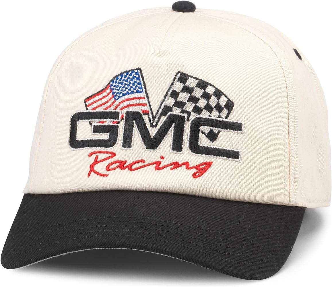 AMERICAN NEEDLE GMC Racing Roscoe Adjustable Snapback Baseball Hat, Ivory/Black (23008A-GMC-IVBK)