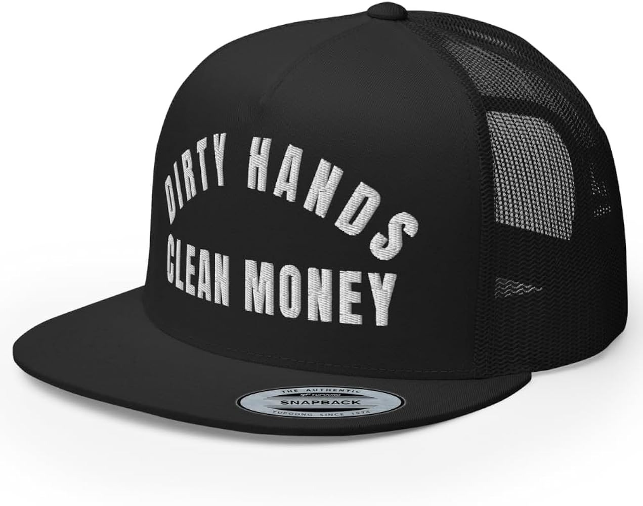 NG Dirty Hands Clean Money Flat Bill Embroidered Trucker Hat High Crown | Adjustable Blue Collar Cap