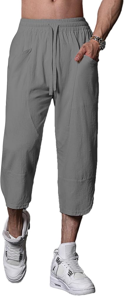 Men's Summer Capri Pants Elastic Waist with Drawstring Cotton Linen Casual Beach Pants with Pockets