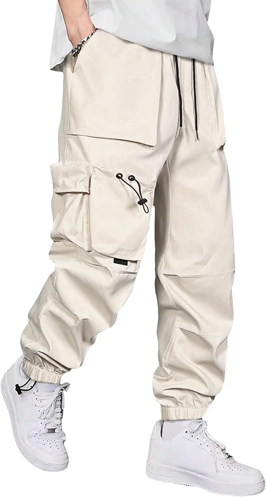 OYOANGLE Men's Cargo Pants Elastic Drawstring Waist Jogger Pants Outdoor Trousers with Pocket