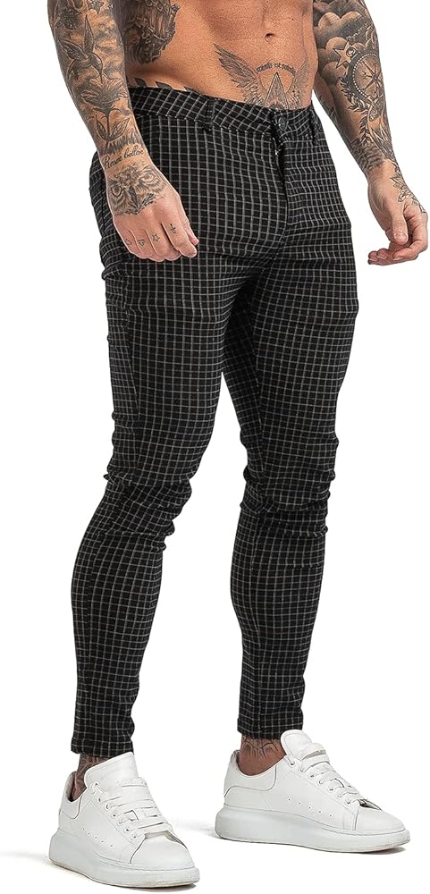 GINGTTO Mens Chinos Casual Pants Slim Fit Stretch Plaid Dress Pants for Men (28, Black2)