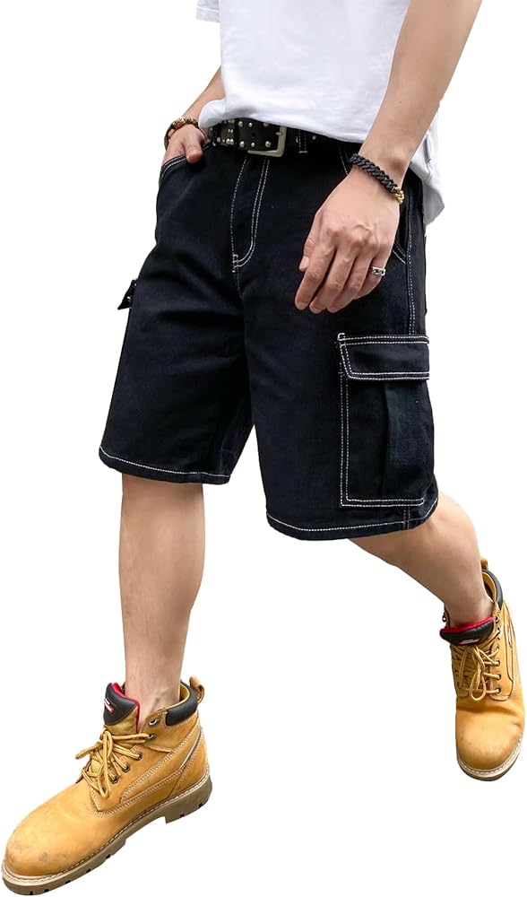 Mens Loose Fit Jean Shorts Wide Leg Denim Cargo Shorts Casual Fashion Summer Shorts