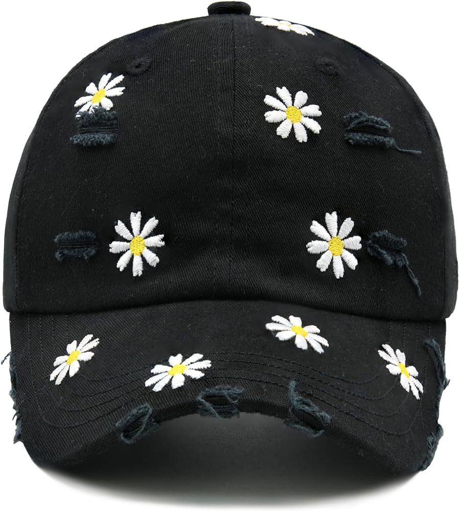 Daisy Hat, Adjustable Distressed Trendy Baseball Cap for Women Men