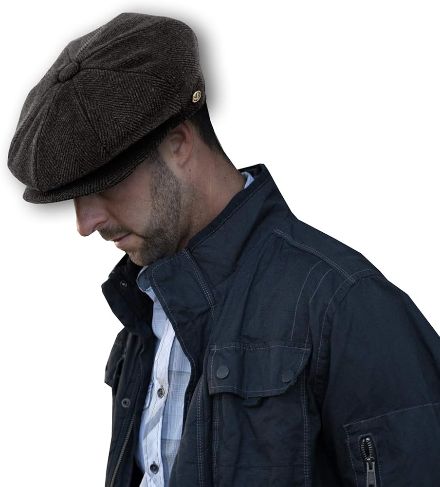 Men's Wool Newsboy Cap, Herringbone Driving Cabbie Tweed Applejack Golf Hat