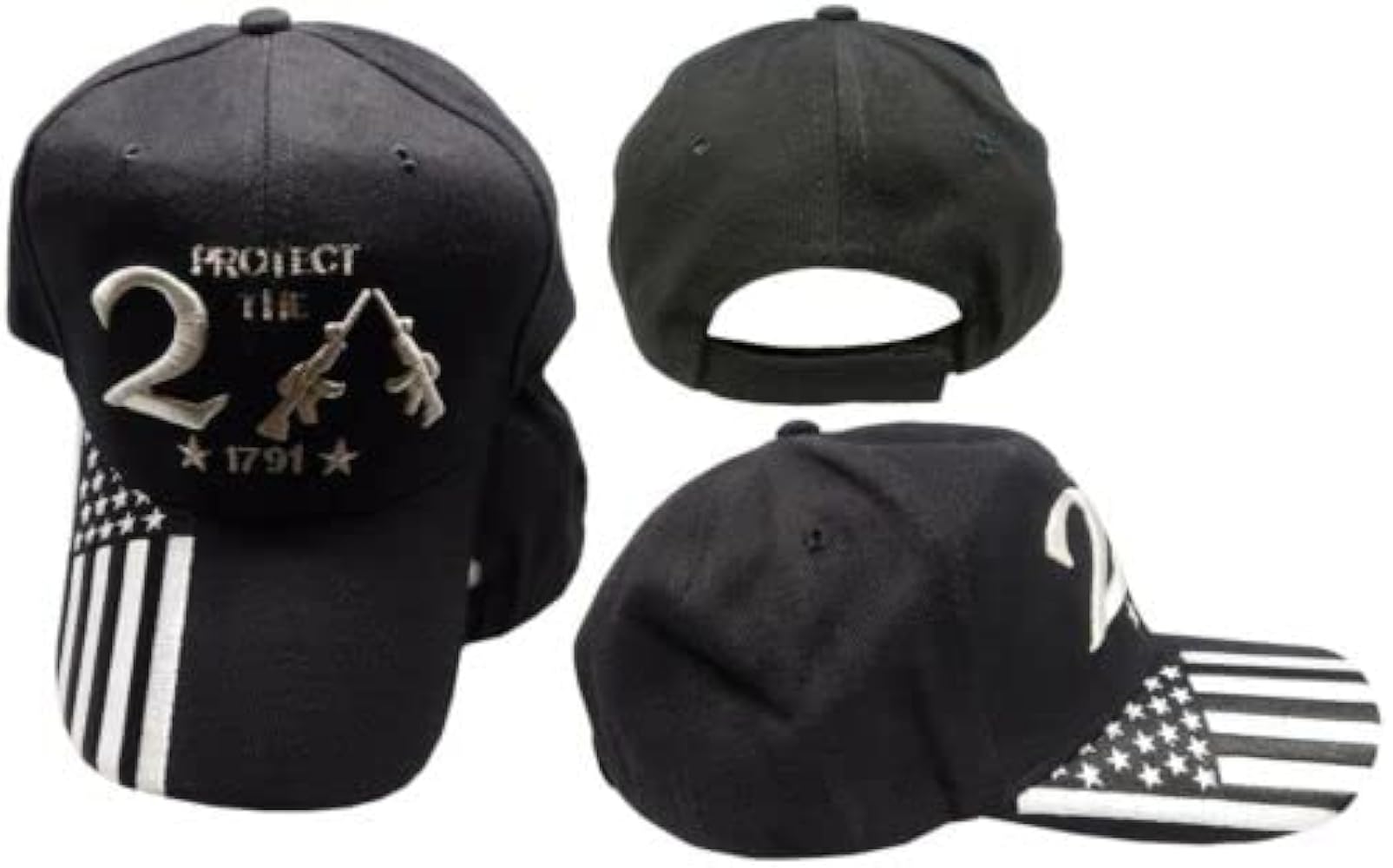 Trade Winds Protect The 2A 2nd Amendment 1791 USA Flag Embroidered Black White Cap Hat