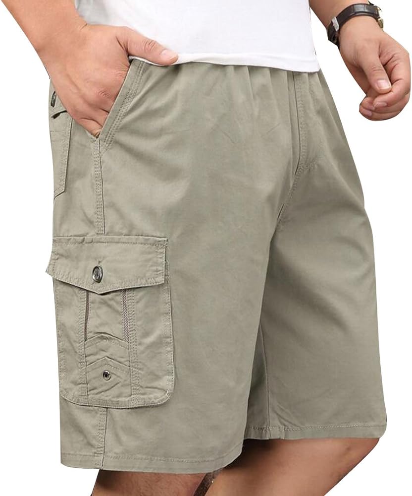 Men's Cotton Full Elastic Waist Cargo Shorts Loose Fit Drawstring Short