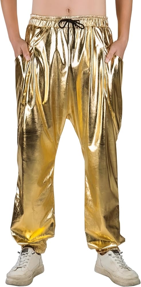 Mens Metallic Pants Disco Outfit Drawstring Waistband Rave Trousers Sequin Joggers with Pockets