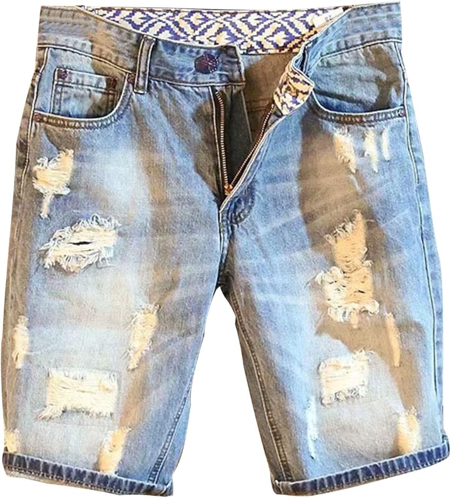 Men's Ripped Straight Jean Shorts Blue Streetwear Hip-Hop Denim Shorts Zipper Stretchy Short Pant with Pockets