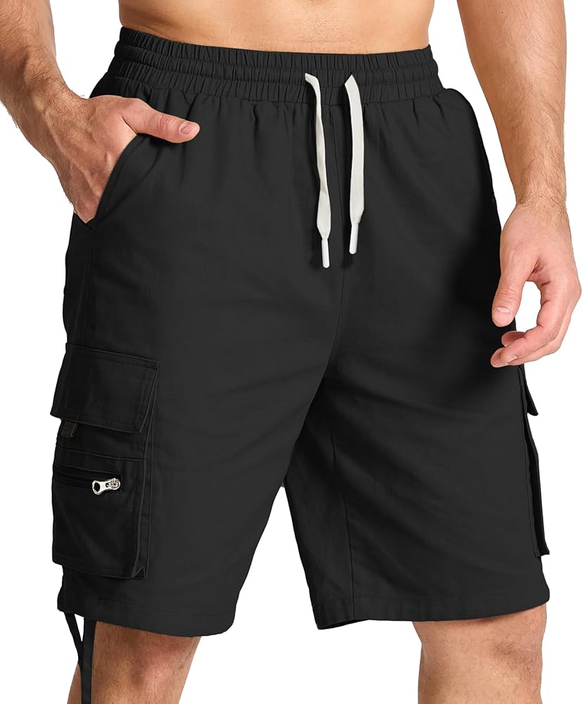 Mens Casual Cargo Shorts Cotton Linen Shorts Drawstring Classic Cargo Stretch Short