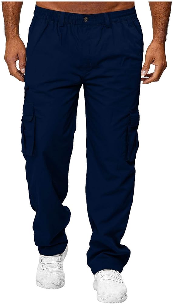 Mens Tactical Pants,Mutifunction Multipockets Trousers Elastic Waistband Waterproof Outdoor Work Cargo Pants,Long Twell Stretchy Classic Workwear with 7 Pockets for Men(Navy,L)