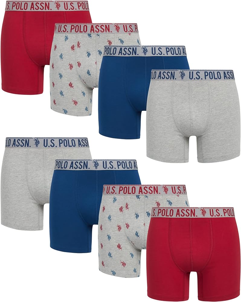 U.S. Polo Assn. Men's Underwear - Performance Stretch Boxer Briefs with Comfort Pouch (8 Pack), Size Medium, Red/Grey Print/Blue/Heather Grey