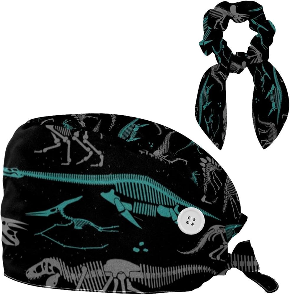 Reusable Scrub Hat with Hair Scrunchy, Dinosaurs Skeleton, Tie Back Scrub Caps for Women and Men